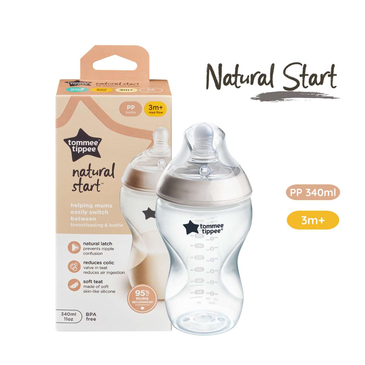 Combo Bình Sữa Tommee Tippee Natural Start Ty Siêu Mềm Tự Nhiên 340ml & Núm Ty Silicon Thay Thế 6M+