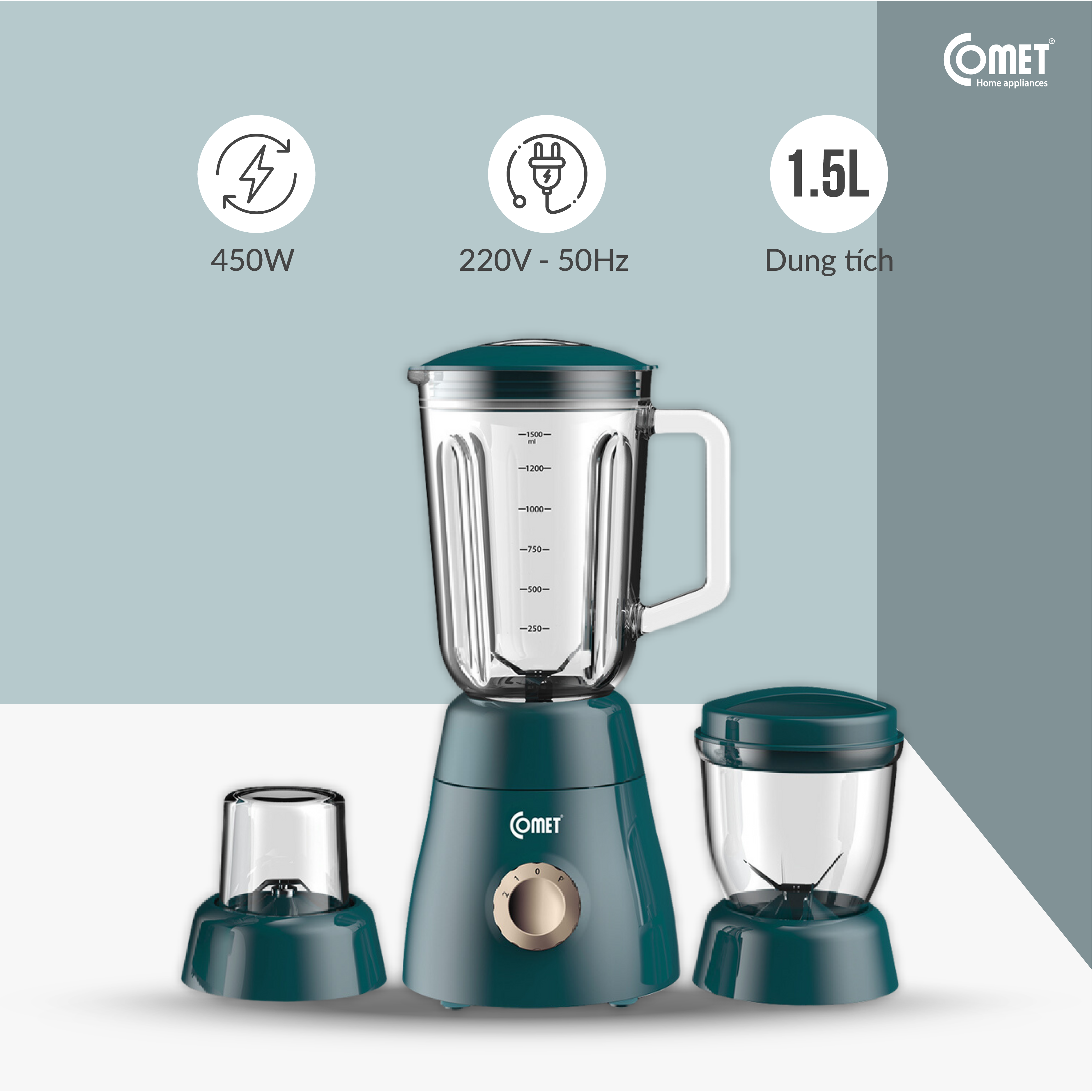 Máy xay sinh tố Comet CM9979 – 3 cối thủy tinh và nhựa cao cấp, công suất 450W – Xay sinh tố, thịt, hạt – Dung tích 1.5L – Hàng chính hãng, bảo hành 1 năm