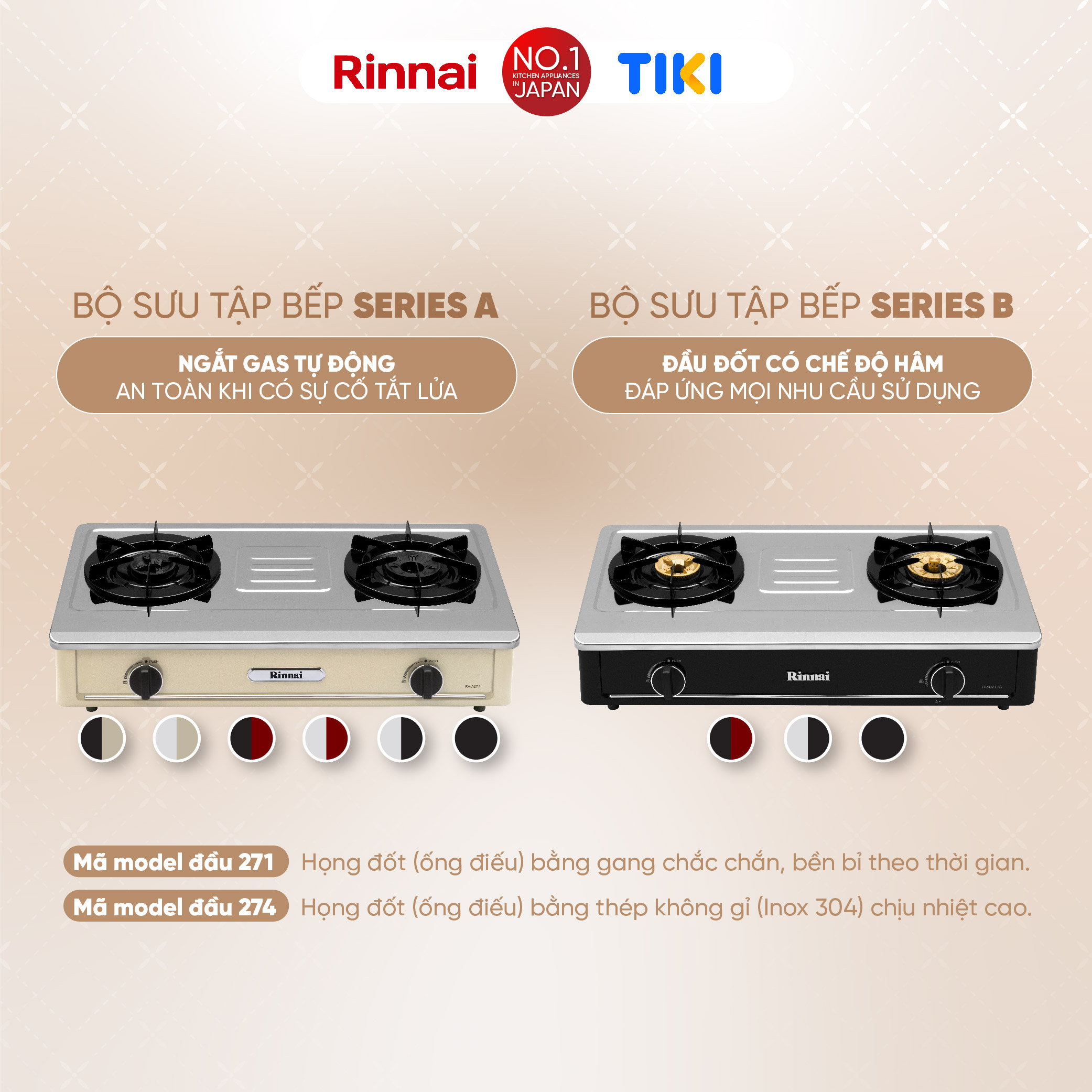 Bếp gas dương Rinnai RV-B271SR(EB) mặt bếp men và kiềng bếp men - Hàng chính hãng.