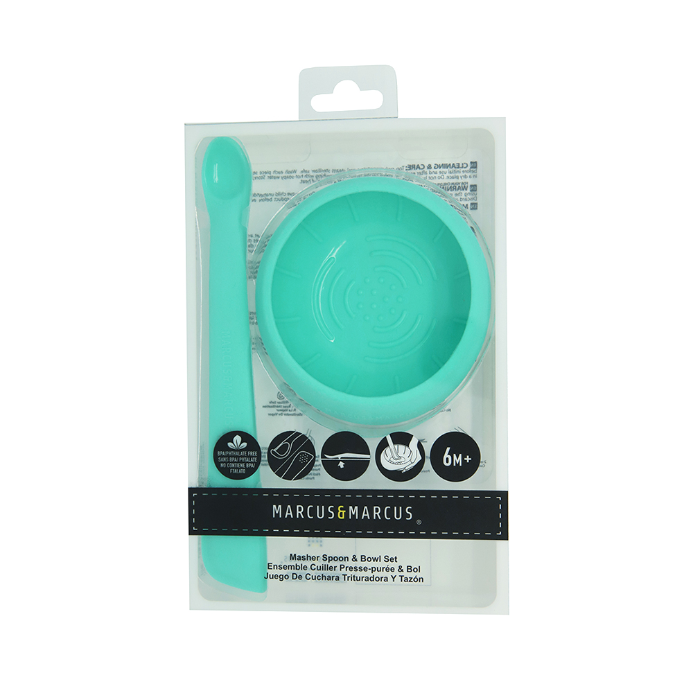 Bộ bát và thìa nghiền thức ăn silicon cho bé Marcus & Marcus, từ 6 tháng - Xanh dương