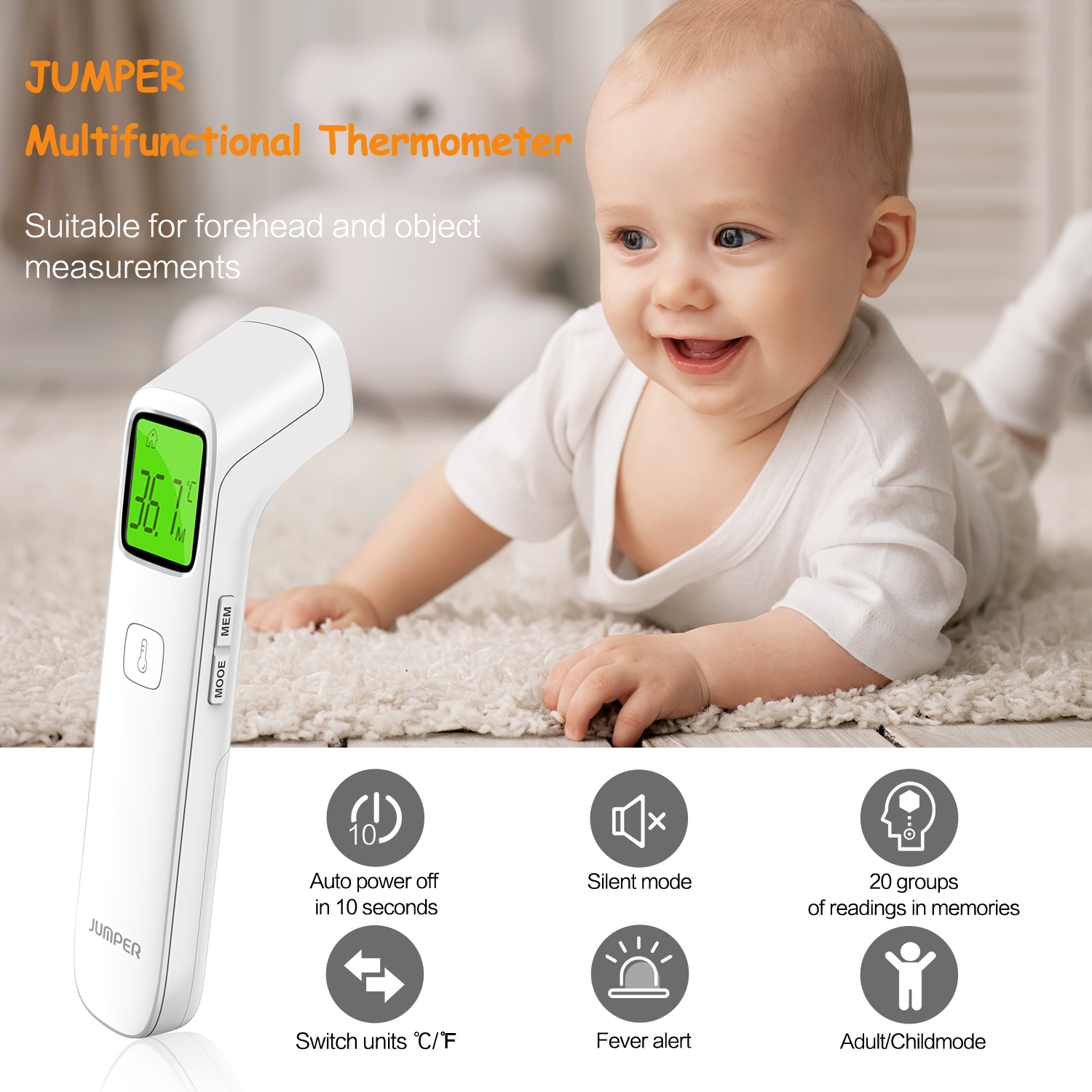 Nhiệt Kế Điện Tử Hồng Ngoại Đo Trán, Đo cơ Thể Không Tiếp Xúc Jumper JPD-FR203