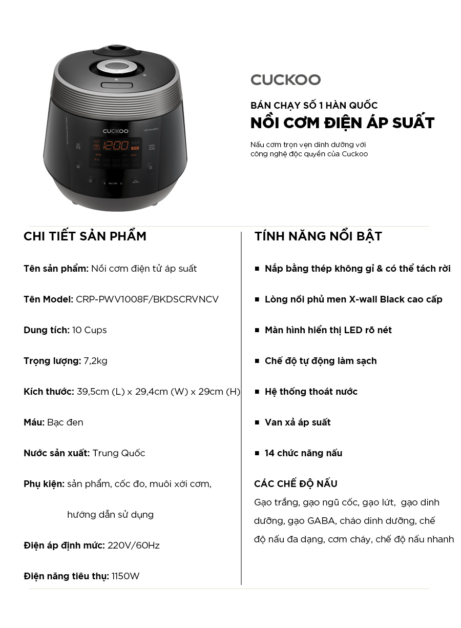 Nồi cơm điện tử áp suất Cuckoo 1.8L CRP-PWV1008F- Lòng nồi phủ men - Hàng chính hãng