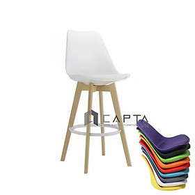 Ghế quầy bar thân nhựa PP CB DSW-P1 Nội thất Capta Ghế pantry văn phòng nệm ngồi bọc PVC màu trắng chân gỗ cố định có gác nhân nhựa PP màu trắng 