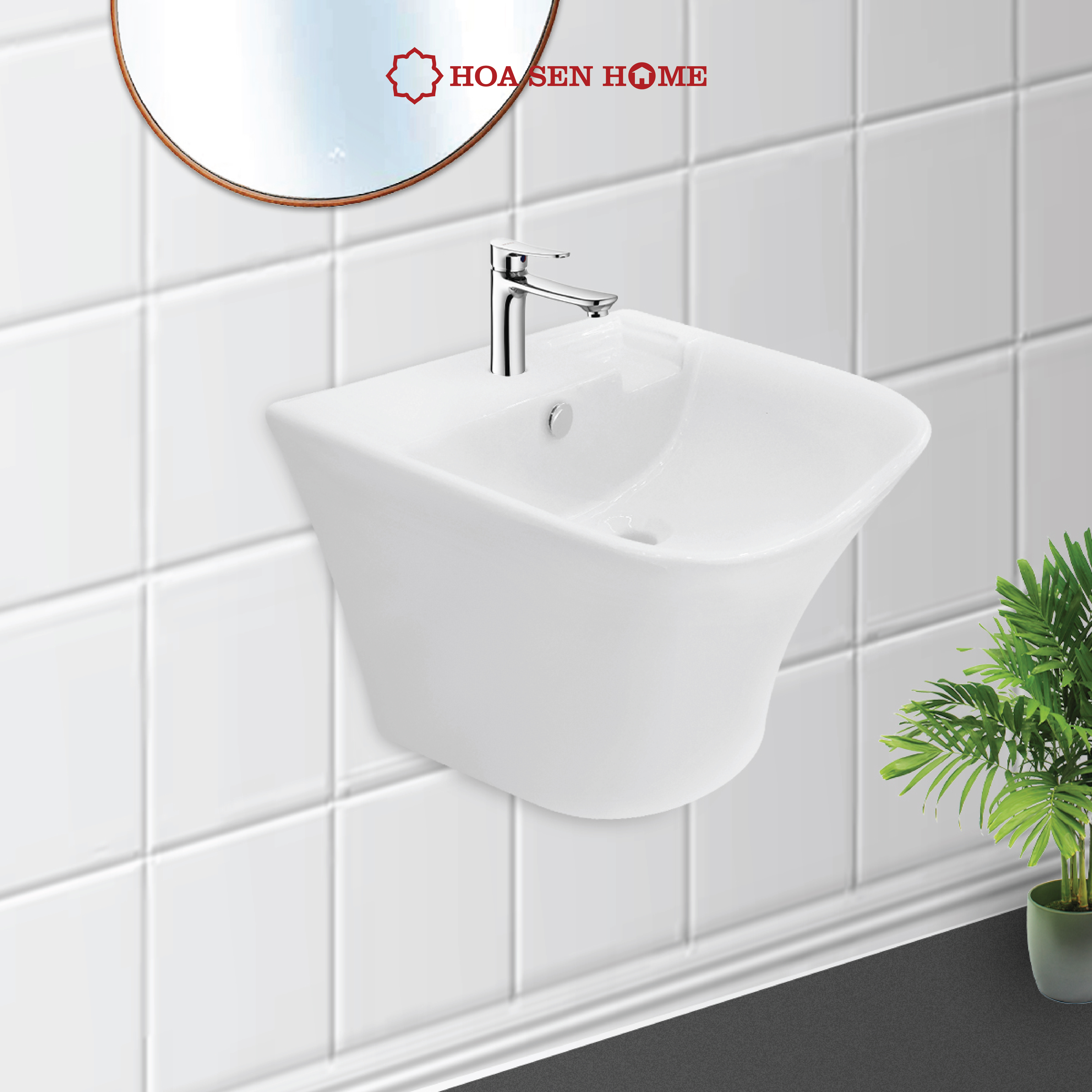 Lavabo treo tường TUSLO COCL001 liền thân, men sứ Nano cao cấp, kháng khuẩn tích hợp khay để xà bông và rãnh thoát nước, có lỗ xả tràn- Hàng chính hãng