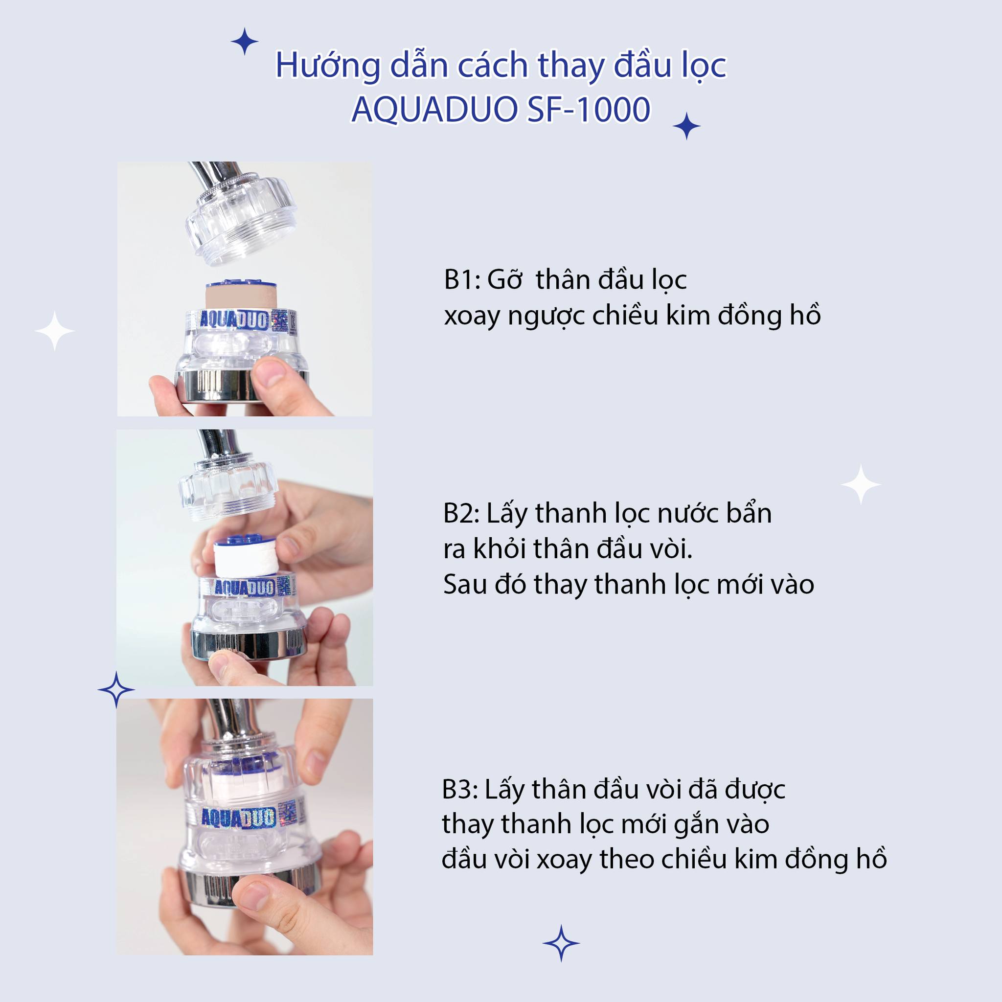 Combo Vòi rửa chén ( tăng áp +lọc nước) + 8 Thanh lọc nước AquaDuo SF-1000B