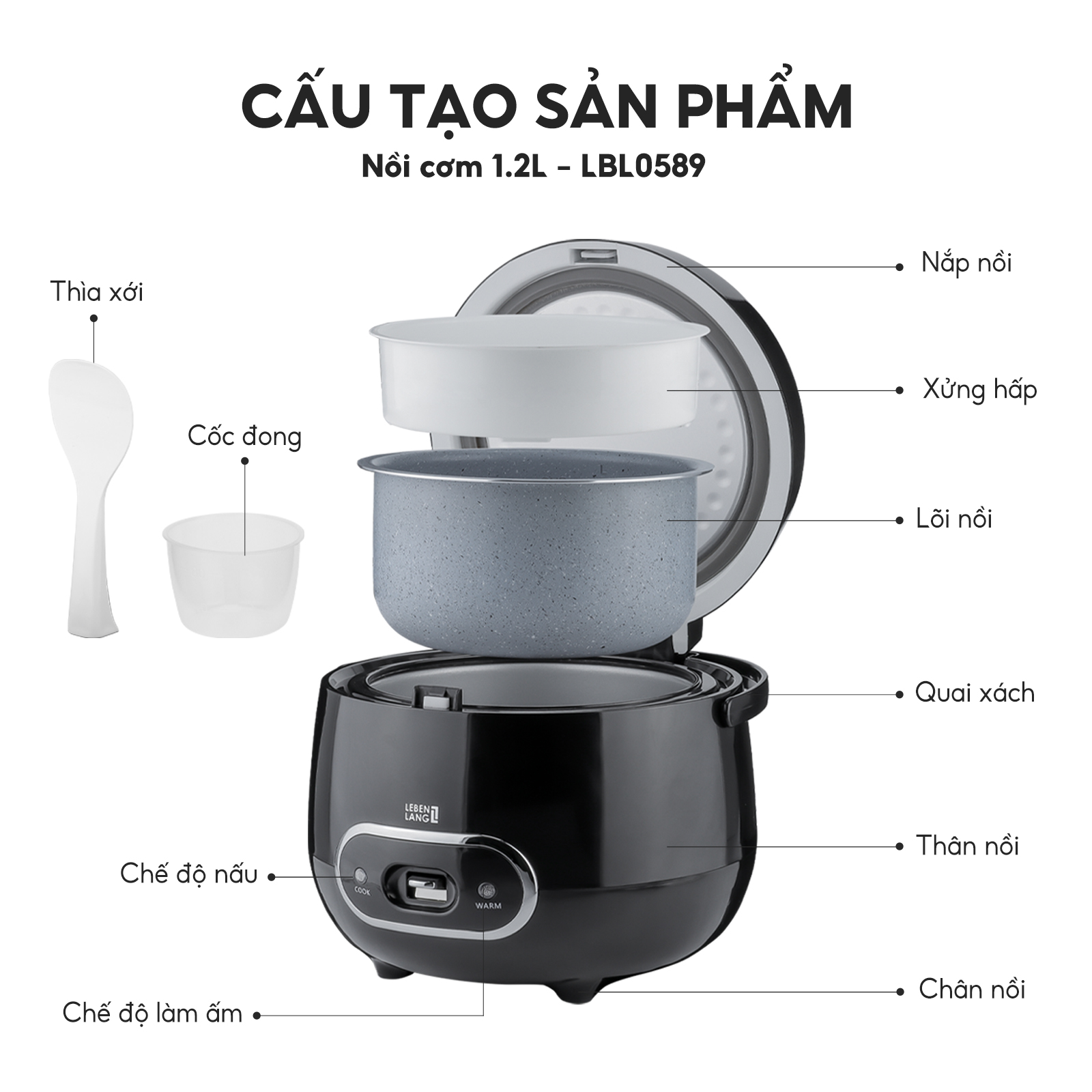 Nồi cơm điện Lebenlang LBL0589 dung tích 1200ml, công suất 500W, thiết kế đơn giản hiện đại - hàng chính hãng