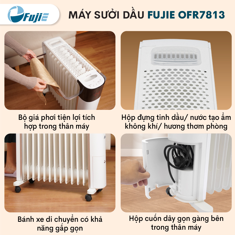 Máy sưởi dầu điều khiển từ xa nhập khẩu FujiE OFR7813,13 thanh sưởi sử dụng phòng 30m2, bảng điều khiển điện tử tăng giảm nhiệt độ- Hàng CHính Hãng