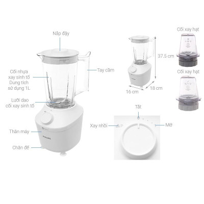 Máy xay sinh tố Philips HR2041/30, 3 cối - 450W, Hàng chính hãng