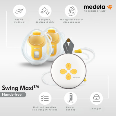 Máy hút sữa điện đôi Medela Swing Maxi Hands Free | Có pin sạc tích hợp, chân sạc USB-C, kết nối Bluetooth, hệ thống khép kín