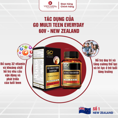 Viên uống dành cho tuổi teen nhập khẩu chính hãng New Zealand GO MULTI TEEN EVERYDAY (60 viên)  bổ sung 32 vitamin, khoáng chất và một số dưỡng chất hỗ trợ duy trì và tăng cường sức khỏe cho trẻ ở tuổi tăng trưởng, tuổi dậy thì