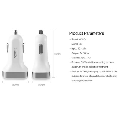 Tẩu sạc ô tô nhãn hiệu Hoco Z3 2 cổng USB DC 5V-3.1A
