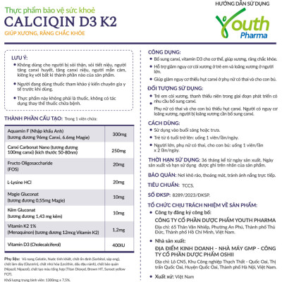 Viên Uống Calciqin D3 K2 Youth Pharma Giúp Xương, Răng Chắc Khỏe - Hộp 30 Viên