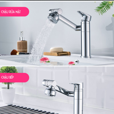 Vòi rửa mặt Lavabo cổ xoay 720 độ đa chiều, củ đồng, thân ngắn, mạ Crom, điều chỉnh nhiều chế độ tia nước Minh House