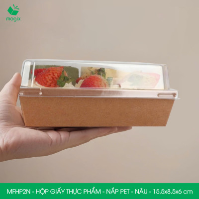 MFHP2N - 15.5x8.5x6 cm - 50 hộp giấy kraft thực phẩm màu nâu nắp Pet, hộp giấy chữ nhật đựng thức ăn, hộp bánh nắp trong
