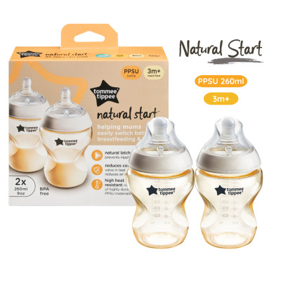 Bình Sữa PPSU Ty Siêu Mềm Tự Nhiên Tommee Tippee Natural Start 260ml, Núm Ty Của Bình 3-6 tháng (Bình Đôi)