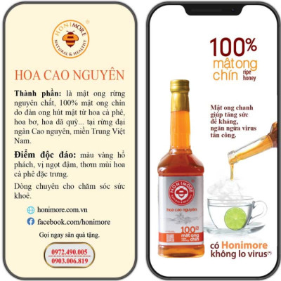 Combo Mật ong nguyên chất Honimore Hoa Cao Nguyên 630g/chai tặng 1 chai Mật ong Hoa Vải Thiều 360g - tăng cường sức đề kháng