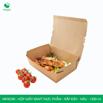 MFHD3N - Combo 25 hộp giấy kraft thực phẩm 1200ml, hộp đựng thức ăn nắp đậy màu nâu, hộp gói đồ ăn mang đi