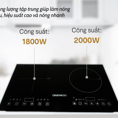 Bếp Đôi Điện Từ Hồng Ngoại Daewoo DWHB-3801C, mặt kính pha lê bóng 3800W, phù hợp mọi loại nồi - Hàng chính hãng