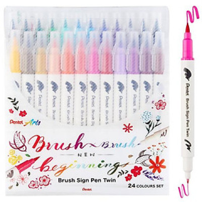 Bộ 24 Bút Lông Màu Nước 2 Đầu - Brush Sign Pen Twin - Pentel Art SESW30C-24E