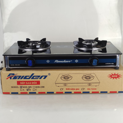 Bếp ga đôi kiếng cường lực Raiden RDB2250B, kiềng men 5mm, kính 7ly, mũ nhôm-Hàng chính hãng