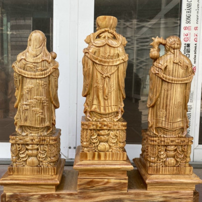 Combo Bộ tượng phật tam đa phúc lộc thọ bằng gỗ huyết long mọng dâu kt cao 30×11×9cm+chân đế gỗ huyết long đủ bộ kt 48×9×13×12cm