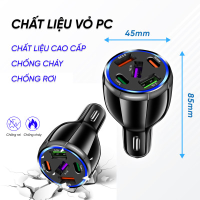 Tẩu Sạc Xe Ô Tô Chia 5 Cổng USB Type C Chuẩn PD, Cổng Quick Charge 3.0 | Kích Thước Nhỏ Gọn, Sạc Nhanh, Dòng Điện Ổn Định