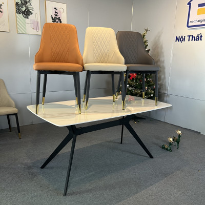 Bộ bàn ăn mặt đá Ceramic bóng chân chữ H kết hợp ghế Louis