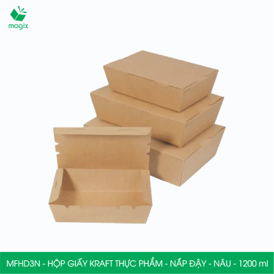 MFHD3N - Combo 25 hộp giấy kraft thực phẩm 1200ml, hộp đựng thức ăn nắp đậy màu nâu, hộp gói đồ ăn mang đi