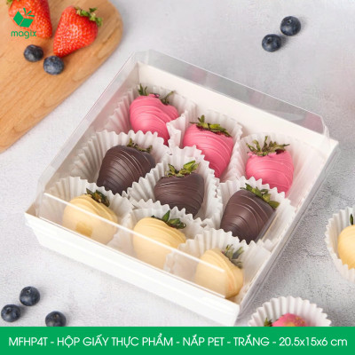 MFHP4T - 20.5x15x6 cm -50 hộp giấy thực phẩm màu trắng nắp Pet, hộp giấy chữ nhật đựng thức ăn, hộp bánh nắp trong