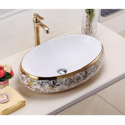 Chậu rửa mặt, Lavabo hoa văn elip vàng cao cấp nhập khẩu chính hãng GROVES 065C (đẹp, sang trọng quý phái, sáng bền với thời gian)