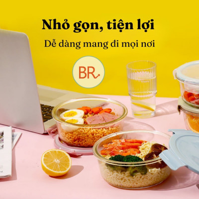 Set 3 hộp đựng thực phẩm thuỷ tinh hình tròn bảo quản đồ ăn tiện lợi - giao màu ngẫu nhiên