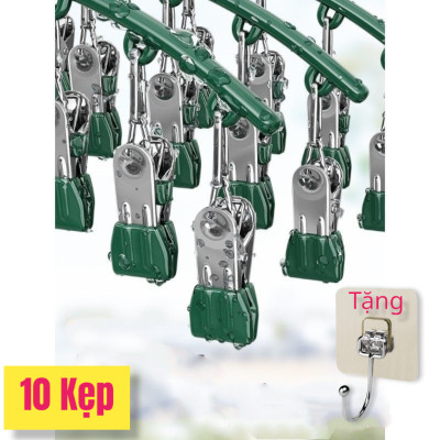 Móc phơi quần áo inox có khóa móc treo chắc chắn - 10 kẹp được phủ nhựa chống sầy xước khi phơi đồ ( tặng móc dán inox to ) Hàng Cao Cấp
