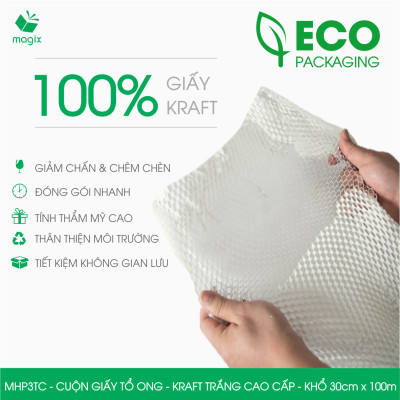 MHP3TC - 30cm x 100m - Cuộn giấy tổ ong chống sốc - Kraft trắng Cao Cấp - Giấy gói hàng, gói quà