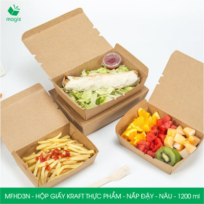 MFHD3N - Combo 50 hộp giấy kraft thực phẩm 1200ml, hộp đựng thức ăn nắp đậy màu nâu, hộp gói đồ ăn mang đi