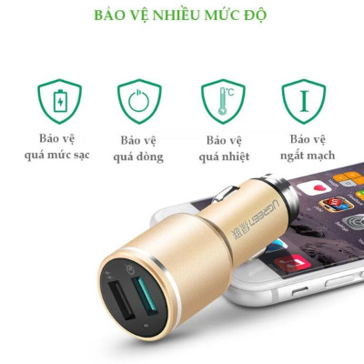 Ugreen UG30514CD130TK 48W màu Vàng Bộ sạc ô tô 2 cổng USB 2.4A + QC 3.0 - HÀNG CHÍNH HÃNG