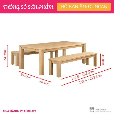 Bộ bàn ăn 2 ghế băng dài gỗ vân veneer sồi hiện đại SMLIFE Duncan Duncan | D152,4 x R99,1 x C74,9cm | gỗ Cao Su và Veneer Sồi