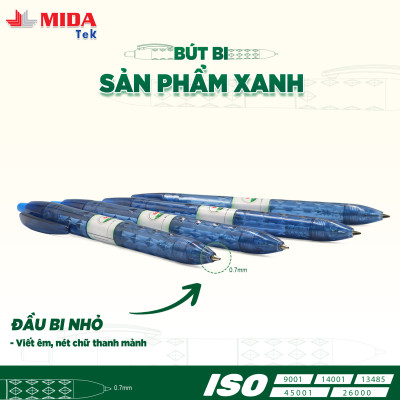 Bút bi xanh dương MIDATEK 3 cây/ hộp, nguyên liệu nhựa tái chế