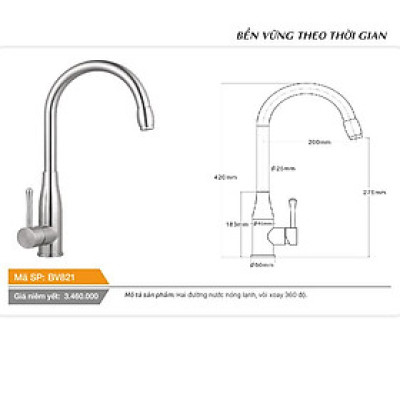 Vòi cố định cổ hình bầu dục xoay 360 độ nóng lạnh inox Tundo Boss BV821 420*50*275 mm