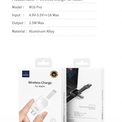 Sạc  đồng hồ không dây Wiwu Wireless Charger M16 Pro cho đồng hồ thông minh tương thích với series 8/ Ultra/7/6/5/4/3/2/1 (38mm, 40mm, 41mm, 44mm, 45mm) - Hàng chính hãng