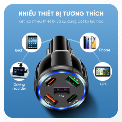 Tẩu Sạc Xe Ô Tô Chia 5 Cổng USB Type C Chuẩn PD, Cổng Quick Charge 3.0 | Kích Thước Nhỏ Gọn, Sạc Nhanh, Dòng Điện Ổn Định