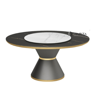 Bàn ăn 2 mặt đá tròn xoay TN Jupiter 3A-135E Nội thất Capta Bàn nhà hàng phòng ăn cao cấp chân viền inox vàng nhập khẩu 