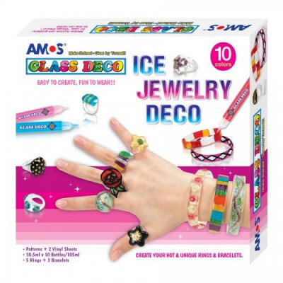 Hộp bút vẽ trang trí trên kính Hàn Quốc AMOS Glass Deco Ice Jewelry Kit: GD10P10IJ - Chủ đề Nhẫn và vòng tay