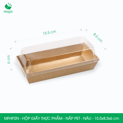 MFHP2N - 15.5x8.5x6 cm - 50 hộp giấy kraft thực phẩm màu nâu nắp Pet, hộp giấy chữ nhật đựng thức ăn, hộp bánh nắp trong