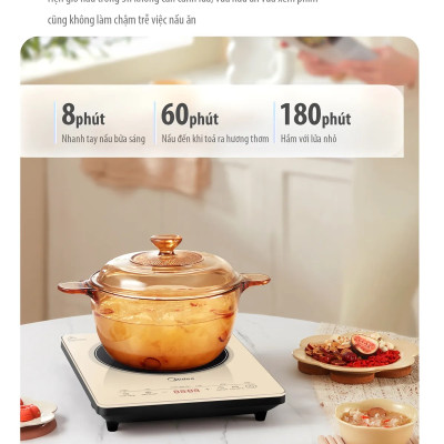 Bếp từ đơn Midea MIC 221 2200W mặt kính pha lê sang trọng, công nghệ từ trường 3D, mâm nhiệt lớn làm nóng trong 5s, cảm ứng hiện đại, có hẹn giờ, tự ngắt khi bỏ nồi, bảo vệ quá nhiệt (TẶNG NỒI LẨU) - Hàng chính hãng