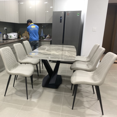 Bộ bàn ăn mặt đá phiến ceramic bóng chân chéo chữ X kết hợp ghế Nelson trám đẹp hiện đại