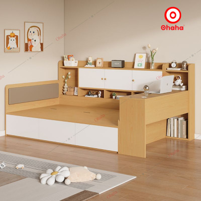 [ Miễn phí giao hàng và lắp đặt tại TP.HCM] Giường ngủ công nghiệp bọc nệm kèm tủ và bàn học OHAHA - GN049