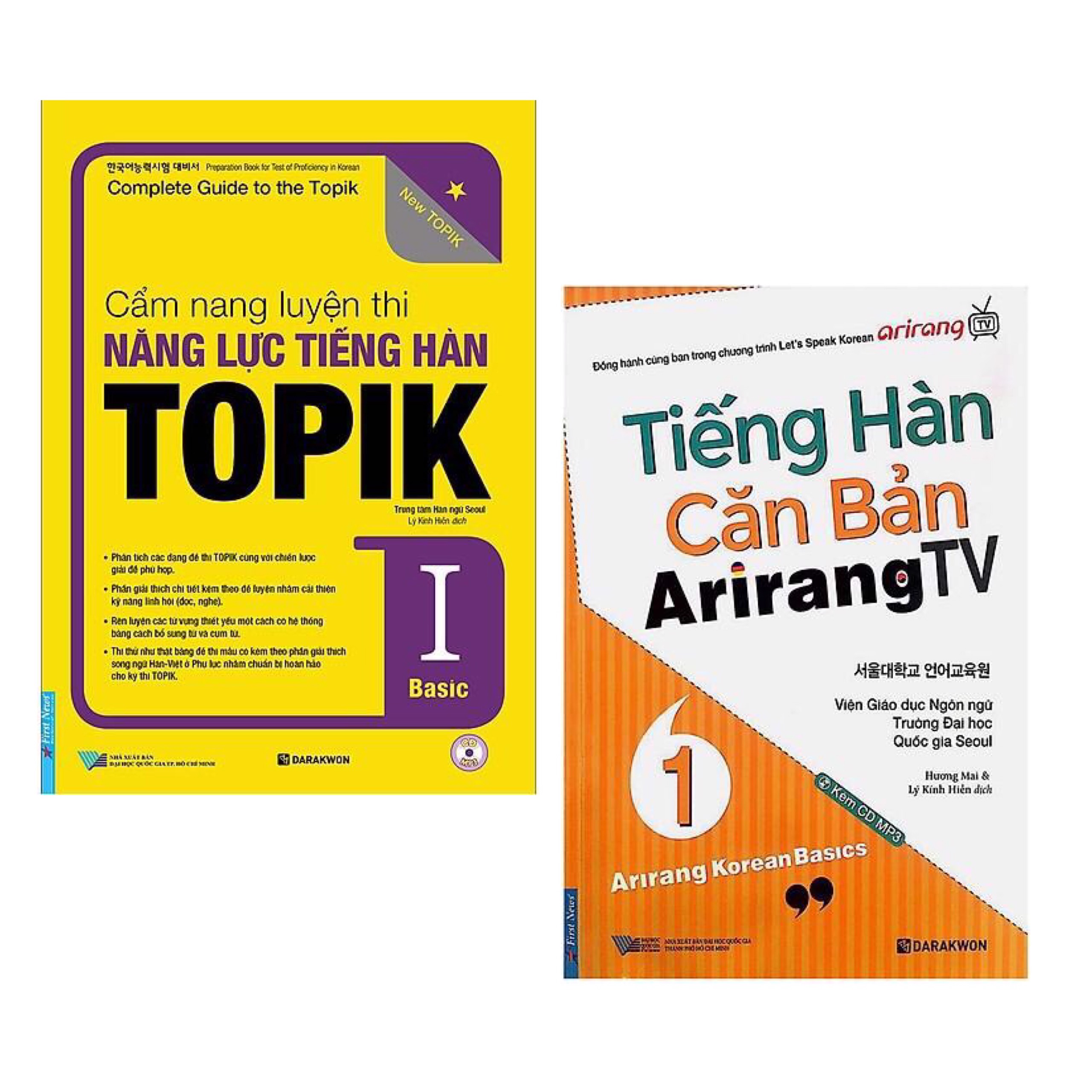 Combo Sách Luyện Thi Tiếng Hàn Hiệu Qủa: Cẩm Nang Luyện Thi Năng Lực Tiếng Hàn TOPIK I Basic + Tiếng Hàn Căn Bản Arirang TV (Tập 1)