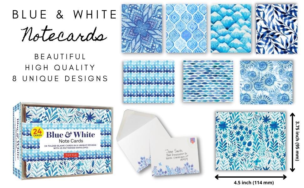 Blue & White Note Cards, 24 Blank Cards: 8 Unique Designs With 25 Patterned Envelopes