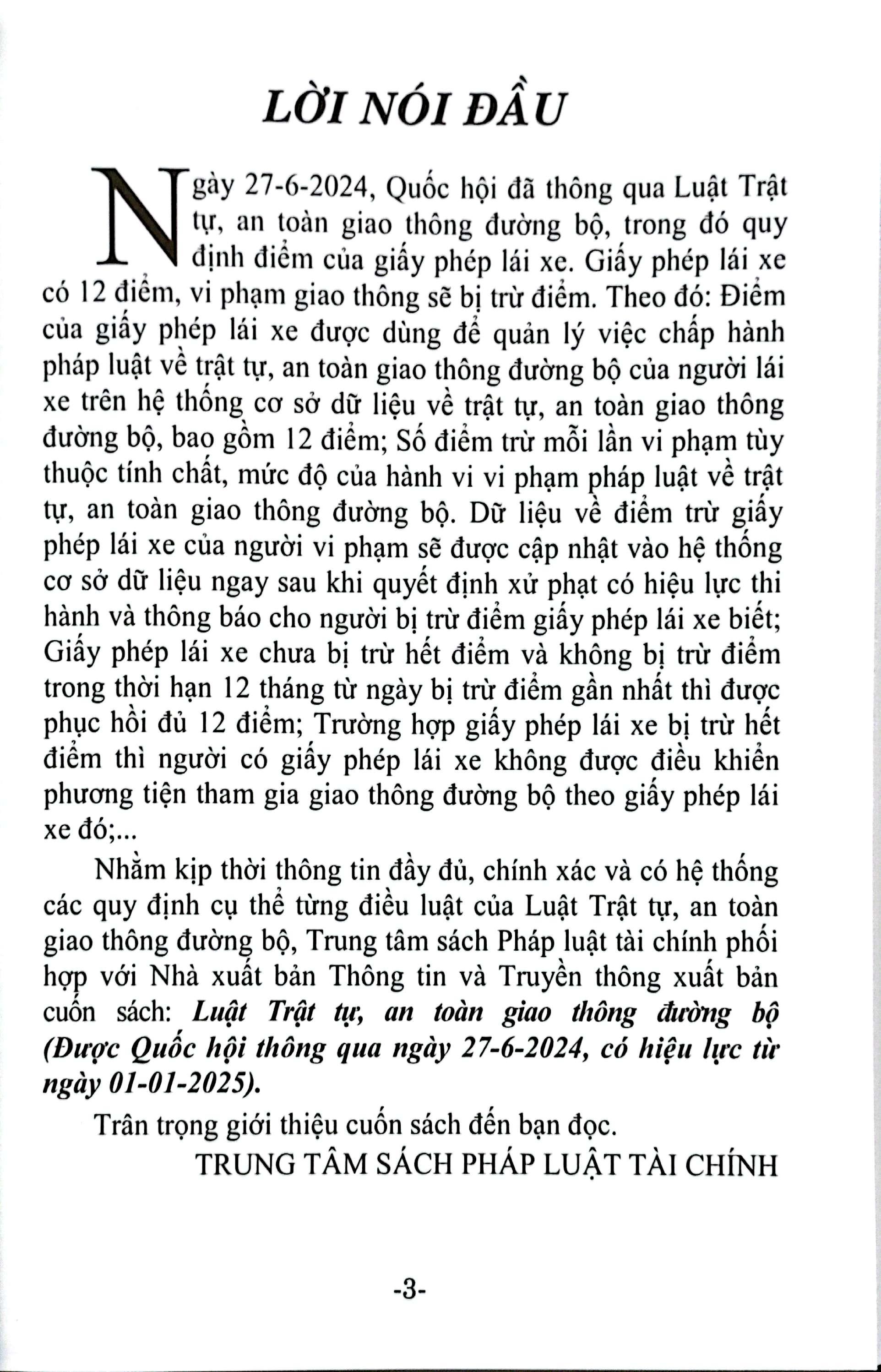 Sách - Luật Trật Tự, An Toàn Giao Thông Đường Bộ (Được Quốc Hội Thông Qua Ngày 27-6-2024, Có Hiệu Lực Từ Ngày 01-01-2025)