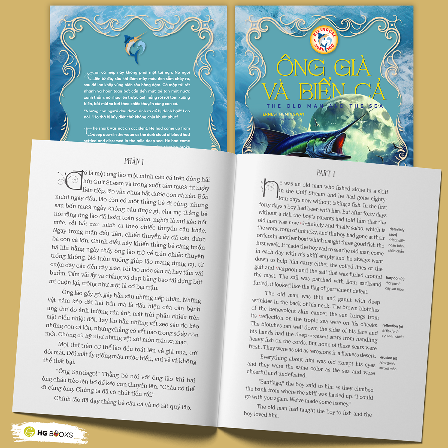 Sách song ngữ Ông Già Và Biển Cả - Tiểu thuyết kinh điển thiếu nhi tặng kèm file nghe & note từ vựng - HG Books